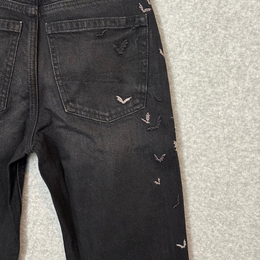 American Eagle Women's 000 Reg Black Denim Jeans‎ High-Rise Bat Embroidered Goth - Picture 11 of 11